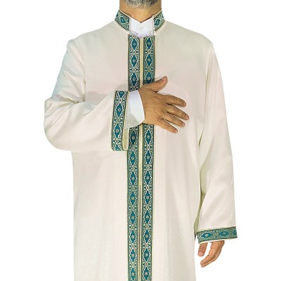İmam Cübbesi Krem Rengi Turkuaz Biyeli Bordürlü