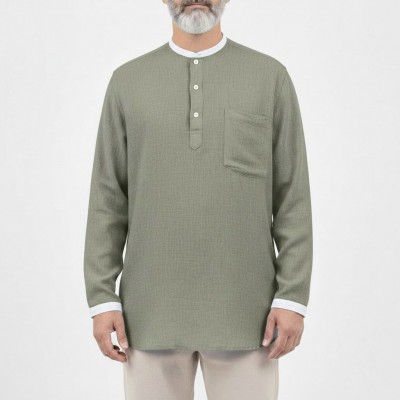 Yakasız Bambu Keten 3 Düğmeli Gömlek - Yeşil