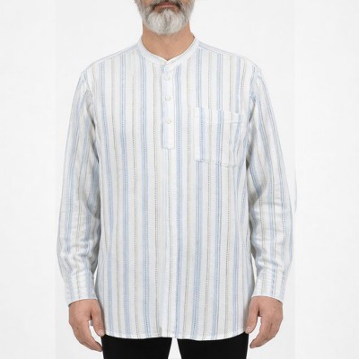 Hakim Yaka 3 Düğmeli Keten Noktalı Gömlek - Mavi