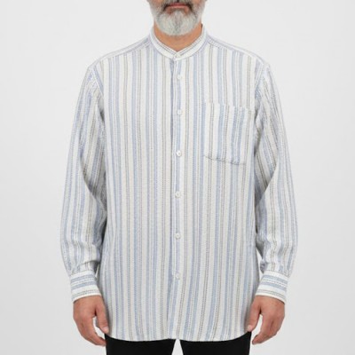 Hakim Yaka Manşetli Keten Noktalı Gömlek - Mavi