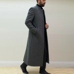 Hakim Yaka Kışlık Pamuk/Keten Balık Sırtı Palto Cübbe - Gri