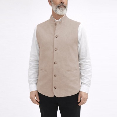 Hakim Yaka Çift Cepli Kışlık Yelek - Bej