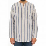 Hakim Yaka 3 Düğmeli Keten Çizgili Gömlek - Mavi Hakim Yaka 3 Düğmeli Keten Çizgili Gömlek - Mavi