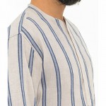 Hakim Yaka 3 Düğmeli Keten Çizgili Gömlek - Mavi Hakim Yaka 3 Düğmeli Keten Çizgili Gömlek - Mavi