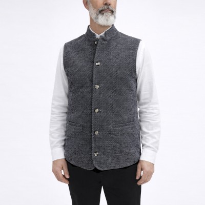 Hakim Yaka Çift Cepli Kışlık Yelek - Siyah Kırçıllı